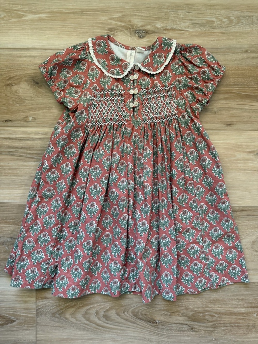 Smocked Floral Cotton Dress in Coral and Green